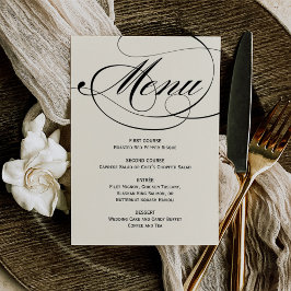 Menu Elegante Casamento com Caligrafia Preta e Marfim