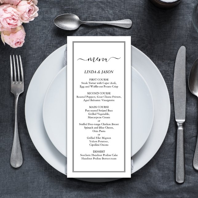Menu Elegante Casamento com Roteiro Clássico Preto e Br (Elegant black and white script menu adds timeless style while guiding guests at weddings.)
