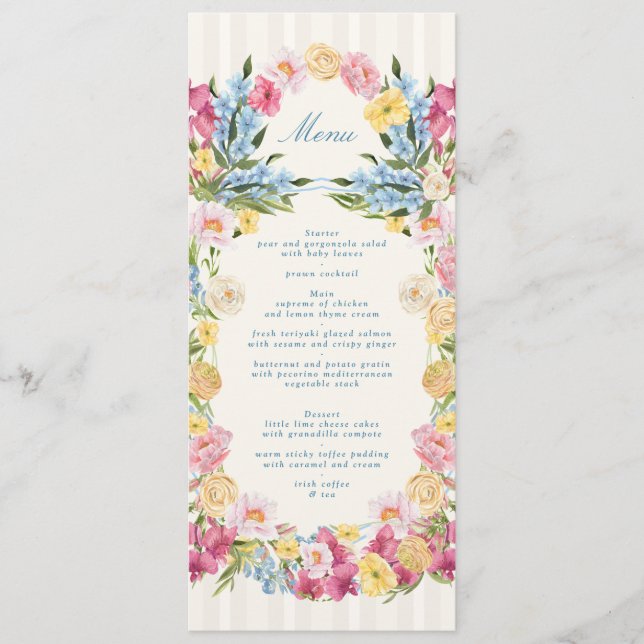 Menu Elegante Casamento Floral Azul Francês Primavera (Frente)