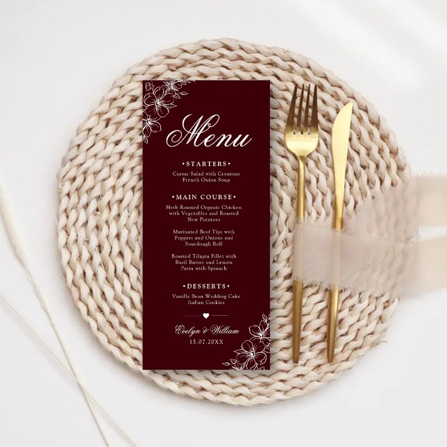 Menu Elegante Casamento Floral Burgundy Caligrafia Mode (Elegant burgundy floral wedding menu with modern calligraphy and timeless elegance.)