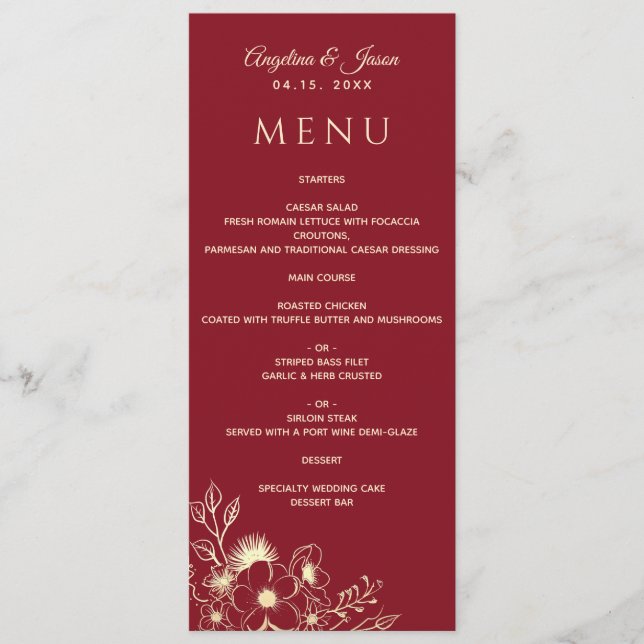 Menu Elegante Casamento Floral Dourado e Borgonha (Frente)