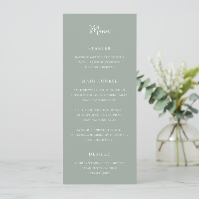 Menu Elegante Casamento Moderno em Verde Sage (Em pé/Frente)