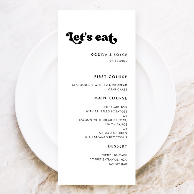 Menu Elegante casamento retro preto e branco Vamos come (Criador carregado)