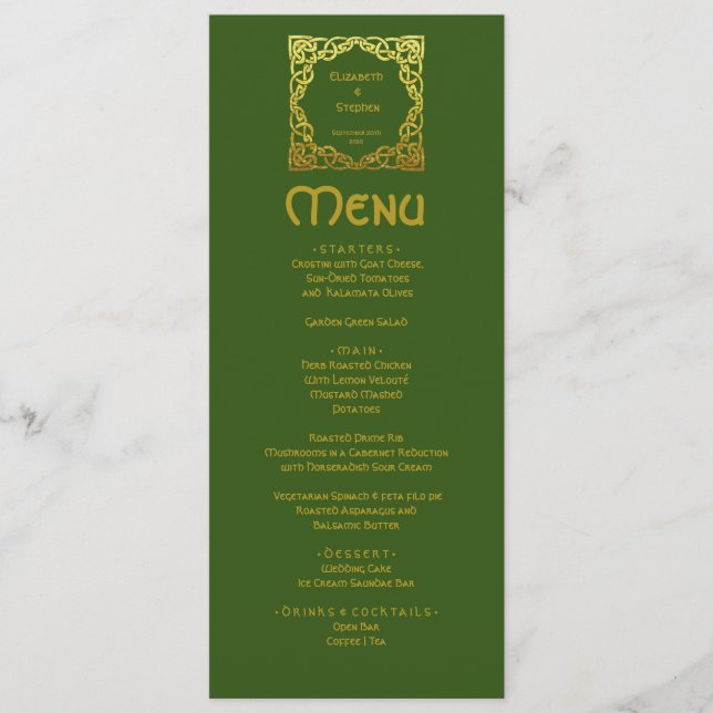 Menu Elegante Celtic Wedding Green Faux Dourado Nó Celt (Frente)