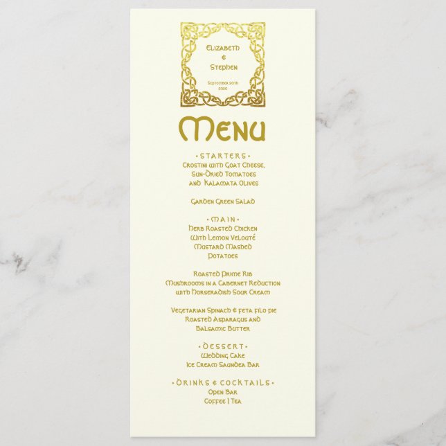 Menu Elegante Celtic Wedding Ivory Faux Dourado Nó Celt (Frente)