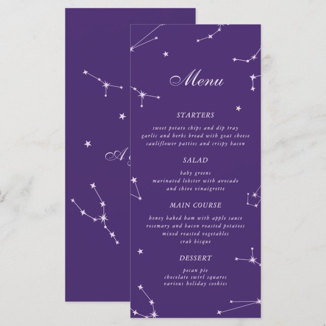 Menu Elegante Constelação Roxo Casamento Celestial (Frente/Verso)