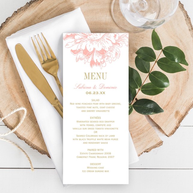 Menu Elegante Coral e Dourado Casamento Floral de Penas (Criador carregado)
