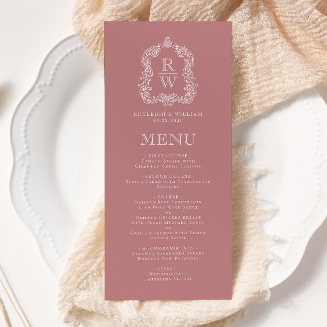 Menu Elegante Crista de Monograma Casamento Rosa Poento (Criador carregado)