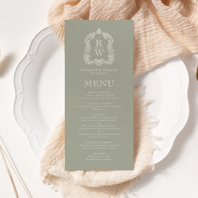Menu Elegante Crista de Monograma Casamento Verde Sage (Criador carregado)