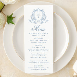 Menu Elegante Crista Floral Azul Monograma Casamento