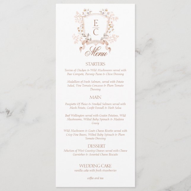 Menu Elegante Crista Floral Monograma Casamento  (Frente)