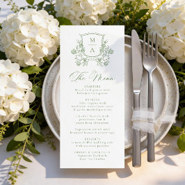 Menu Elegante Crista Floral Verde Monograma Casamento