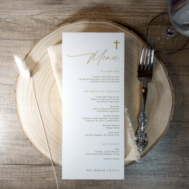 Menu Elegante Cruz de Ouro Simples Moderno Batismo Scri (Elegant gold cross baptism menu with minimalist script and simple modern religious design)