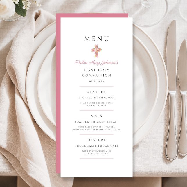Menu Elegante Cruz Floral Rosa Primeira Comunhão (Elegant Pink Floral Cross First Communion Menu)