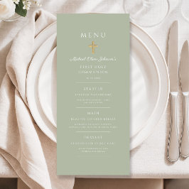 Menu Elegante Cruz Religiosa Verde Sage Primeira Comunh