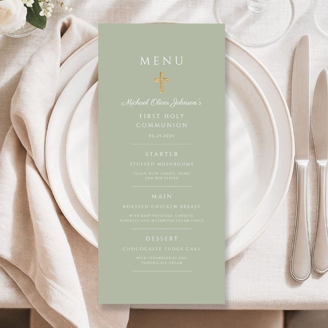 Menu Elegante Cruz Religiosa Verde Sage Primeira Comunh (Elegant Sage Green Religious Cross First Communion Menu)