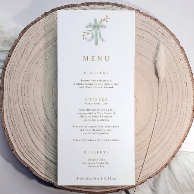Menu Elegante Cruz Sage Aquarela Botânica Batismo (Baptism menu with sage green watercolor cross, bow, and gold script text)