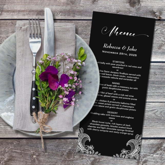 Menu Elegante de Casamento de Locais Preto e Branc (Criador carregado)