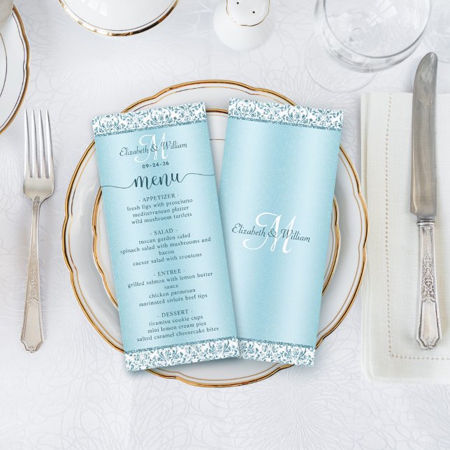 Menu Elegante de Casamento tema damasco Azul (Criador carregado)