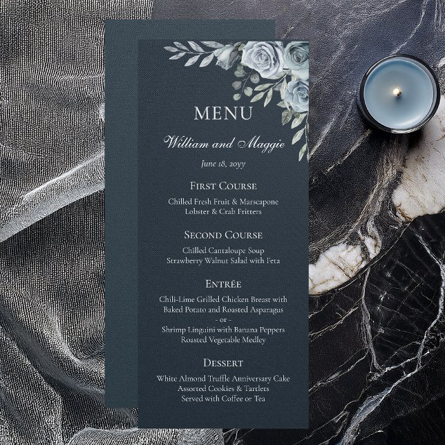 Menu Elegante de Flores da Marinha para Bodas de 2 (Elegant navy floral 25th anniversary menu card for formal dinner settings)