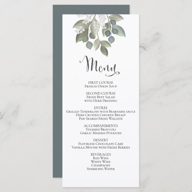 Menu Elegante de Folhagem de Casamento Eucalyptus  (Frente/Verso)