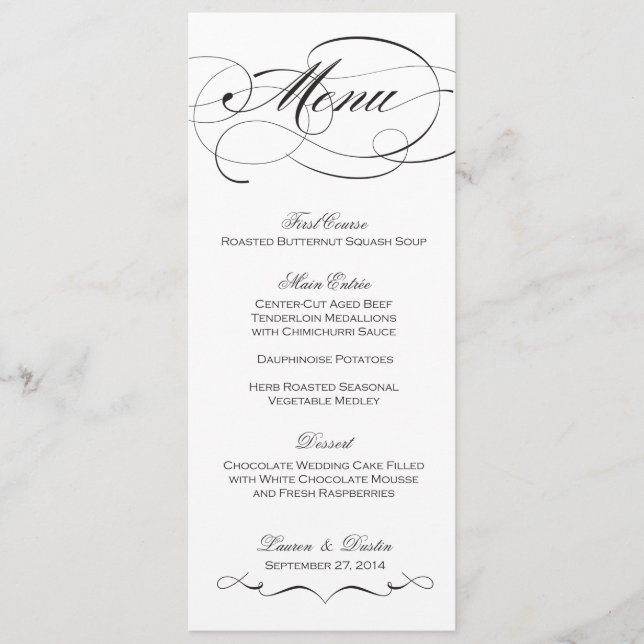 Menu elegante do casamento do roteiro - costume (Frente)