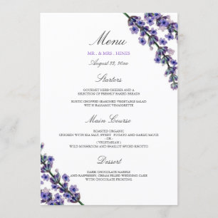 Menu elegante do comensal de casamento da lavanda
