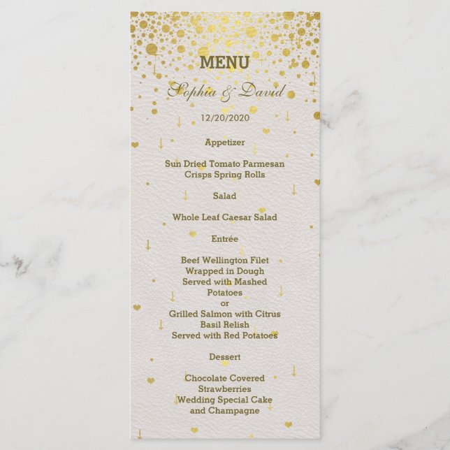 Menu Elegante Dourado Confetti White Leather Wedin (Frente)