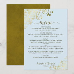 Menu Elegante Dourado Raios em Pó Azul Casando-me