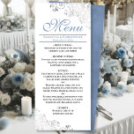 Menu Elegante Dusty Blue Silver Swirls em Casamento Bra<br><div class="desc">Este belo menu irá adicionar algum estilo à sua recepção de casamento. Ele apresenta uma bela design com ornamentado de cinza prateada, caramujos e espirais em um fundo branco clássico, com texto azul empoeirado e um fundo azul empoeirado. Há espaço para os nomes do casal e da data do casamento,...</div>