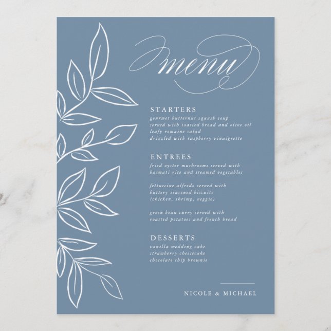 Menu Elegante Dusty Minimalista Azul Deixa Casamento (Frente)