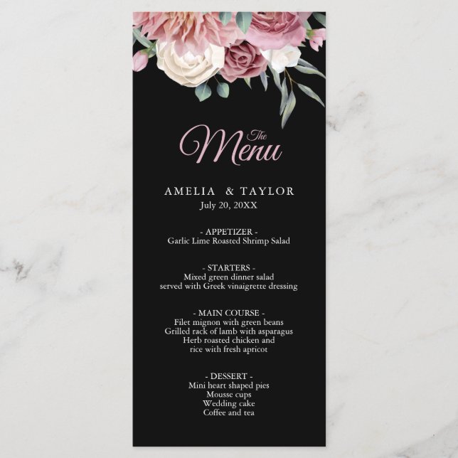 Menu Elegante Dusty Rosa Floral Black WedeMenu (Frente)