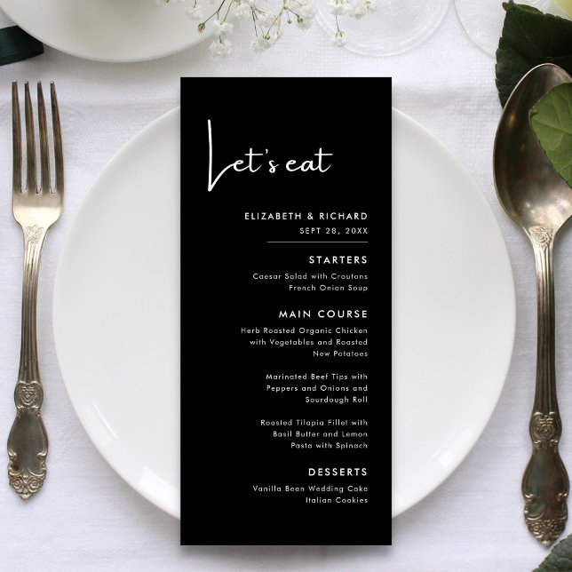 Menu Elegante e Moderno Preto e Branco Vamos Comer Casa (Elegant modern black and white lets eat wedding menu adds charm while guiding your meal)