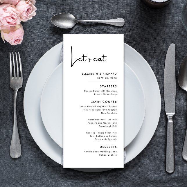 Menu Elegante e Moderno Preto e Branco Vamos Comer Casa (Elegant modern black and white lets eat wedding menu adds charm while guiding your meal flow)