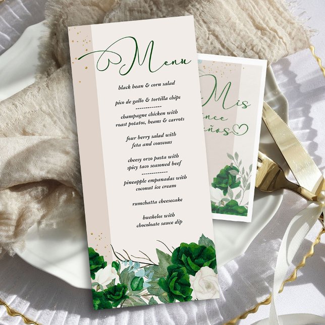 Menu Elegante Emerald Green e Rosas de Marfim Floral (Quinceanera Menu from the Royal Rose Emerald Green Quinceanera Collection by Darling & May)