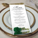 Menu Elegante Emerald Green Rosa Reflexões Casamento<br><div class="desc">Este belo menu irá adicionar algum estilo à sua recepção de casamento. Apresenta uma bela e romântica design com uma solteiro esmeralda verde-esmeralda ao seu lado, refletindo numa piscina de água com ondas e ondulações. Há espaço para os nomes do casal e da data do casamento, e o texto é...</div>