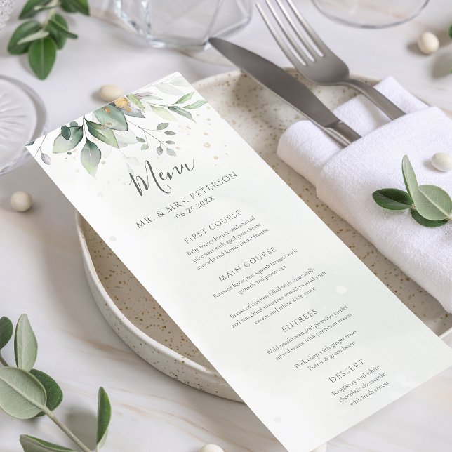 Menu Elegante Eucalyptus Deixa Casamento Dourado Verde (Criador carregado)