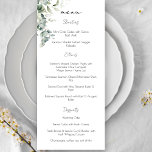 Menu Elegante Eucalyptus Greenery<br><div class="desc">Este único design botânico apresenta um galho curvante de folhas elegantes de eucalipto com cor d'água com folhas artísticas de prata esboçadas e flores brancas silvestres.</div>