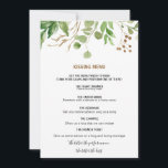 Menu Elegante Eucalyptus Leaf Greenery Kissing<br><div class="desc">Este elegante cardápio de beijo de folha de eucalipto é perfeito para uma recepção de casamento tropical. A design apresenta lindas folhas verdes de eucalipto pintadas artesanalmente,  dispostas em formas geométricas,  inspirando beleza natural.</div>
