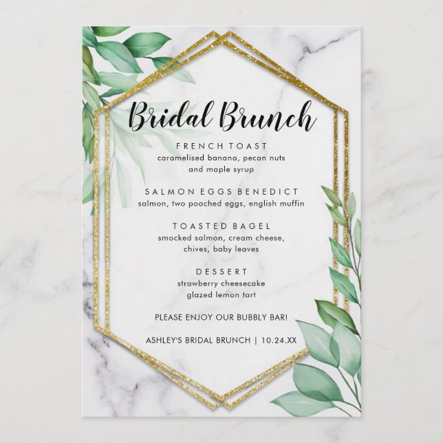 Menu Elegante Eucalyptus Marble Bridal Brunch (Frente)
