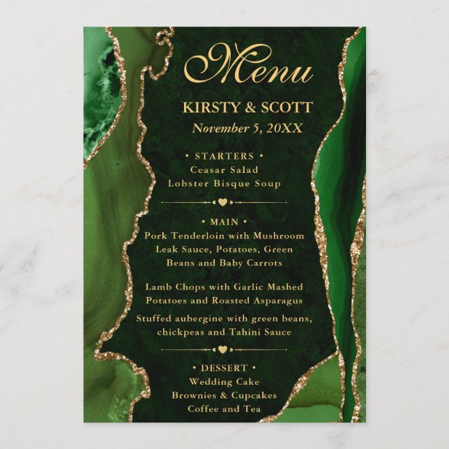 Menu Elegante Falso Brilho Verde e Dourado de Ágata Cas (Frente)