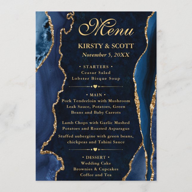 Menu Elegante Falso Glitter Ágata Azul e Dourado Casame (Frente)