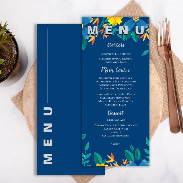 Menu Elegante Festa de casamento Floral Amarelo-Azul (Elegant Chic Yellow and Blue Floral Wedding Party Menu)
