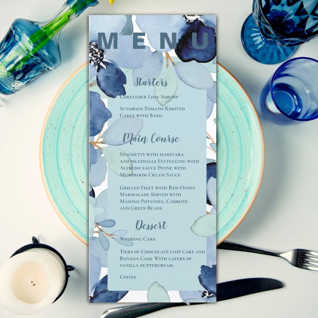 Menu Elegante Festa de casamento Floral Azul de Aquarel (Pretty Watercolor Blue Floral Wedding Party Menu)