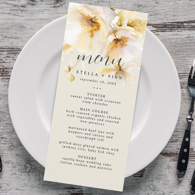 Menu Elegante Flor Areia Casamento Ouro Branco (Elegant Flower White Gold Wedding Sand Menu)