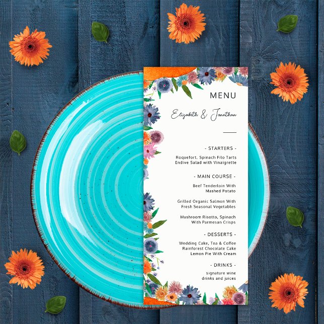 Menu Elegante Floral Aquarela Boho Widflower Casamento (Front)
