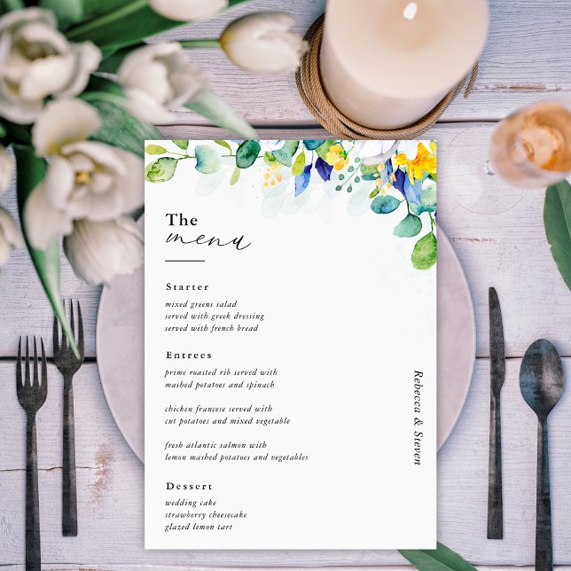 Menu Elegante floral casamento amarelo branco azul (Criador carregado)