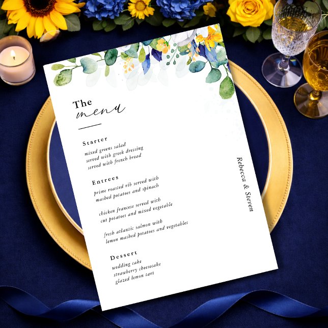 Menu Elegante floral casamento em aquarela amarela e az (Criador carregado)