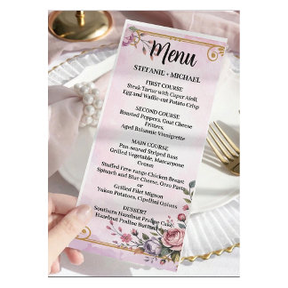 Menu Elegante Floral Pastel Rosa Lavanda Floral Dourado