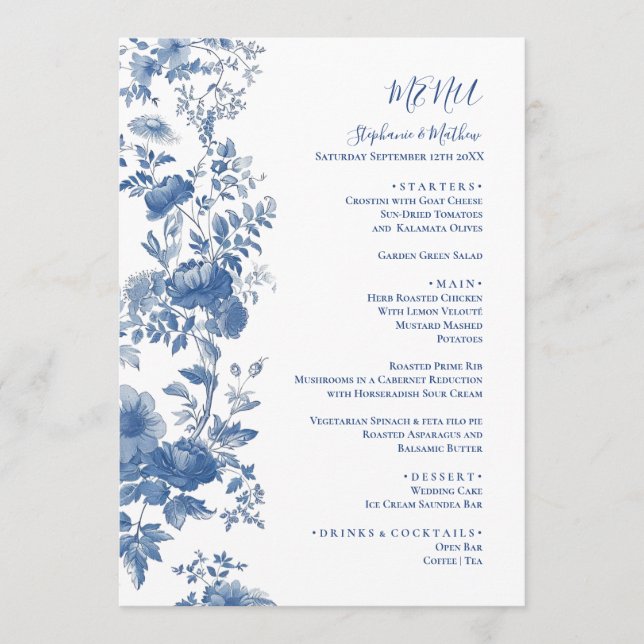 Menu Elegante francês Floral Toile Blue Wedemenu (Frente)
